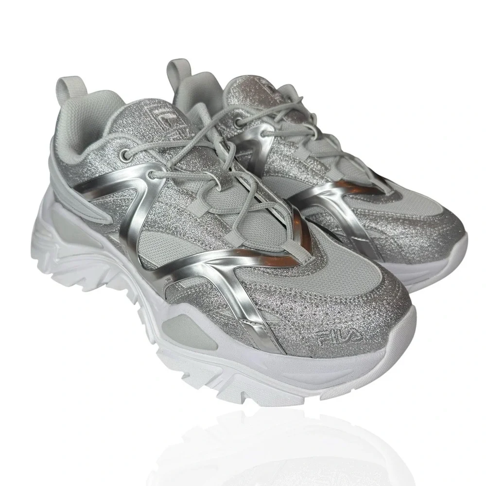 New Fila Women's 10‎ Electrove 2 Sneakers Silver Sparkle Glitter Metallic Chunky